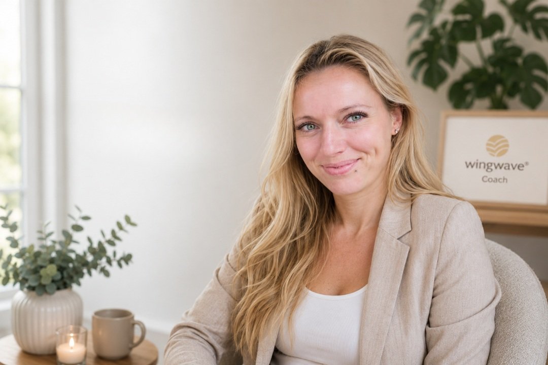 Lami Éva wingwave coach természetes fényben, világos kezelőhelyiségben, mögötte wingwave Coach felirat